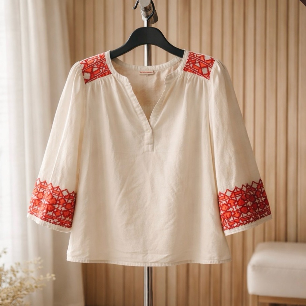 Knox Rose Ivory Tunic Blouse with Red Embroidery